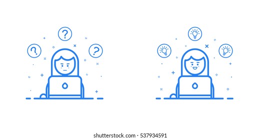 Vector illustration in flat line style and blue color. Problem solving concept. Woman thinking - with question mark and light bulb icons - creative idea. Use in Web Project and Applications.