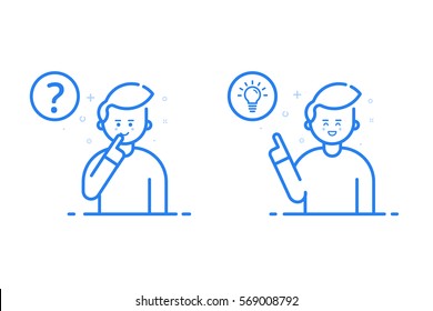 Vector illustration in flat line style and blue color. Problem solving concept. Man thinking - with question mark and light bulb icons - creative idea. Use in Web Project and Applications - stock.