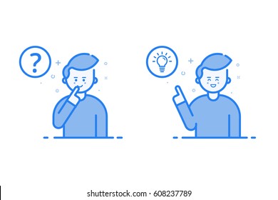 Vector illustration in flat line style and blue color. Problem solving concept. Man thinking - with question mark and light bulb icons - creative idea. Use in Web Project and Applications - stock.