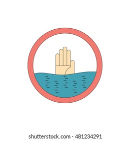 Vector illustration with flat line warning sign with drowner gesture. Help on water icon. Beach sign for attention and security people. Isolated water help icon on white background