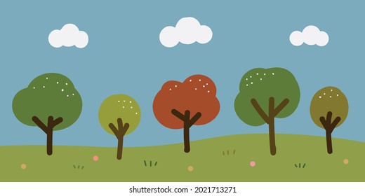 Vector illustration in flat linear simple style - summer spring background - landscape illustration with plants, trees, clouds, sky