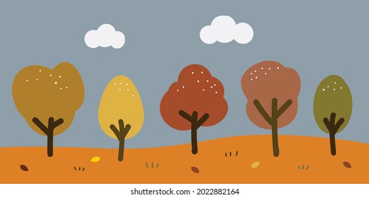 Vector illustration in flat linear simple style - autumn fall background - landscape illustration with plants, trees, clouds, sky