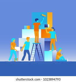 Vector illustration in flat linear style - construction concept - abstract building from blocks - small characters developing app or service
