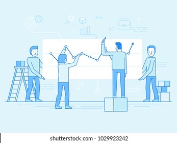 Vector illustration in flat linear style and blue color  - business analytics and marketing concept - team working on business report and analytics