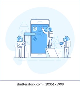 Vector illustration in flat linear style and blue color  - app development concept - small people austronauts in space suits  bulidng code and design for mobile phone - start up metaphor