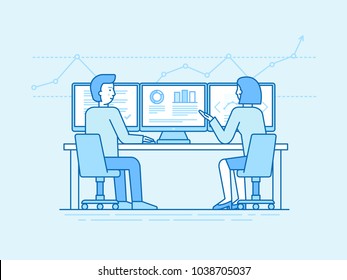 Vector illustration in flat linear style and blue colors - trading stock and investment concept - business team sitting at the computers and finance broker and consultant