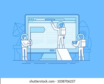 Vector illustration in flat linear style and blue color  - app development concept - small people austronauts in space suits  bulidng code and design for mobile phone - start up metaphor