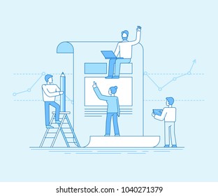 Vector illustration in flat linear style and blue color  - small people bulidng code and design and finance report for business start up - teamwork concept