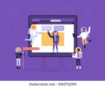 Vector illustration in flat linear style - app development concept - small people austronauts in space suits  bulidng code and design for mobile phone - start up metaphor