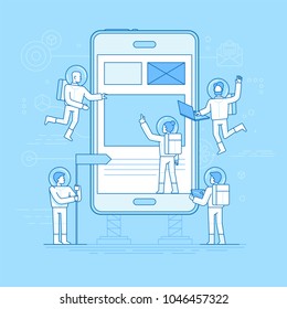 Vector illustration in flat linear style and blue color  - app development concept - small people astronauts in space suits  building code and design for mobile phone - start up metaphor