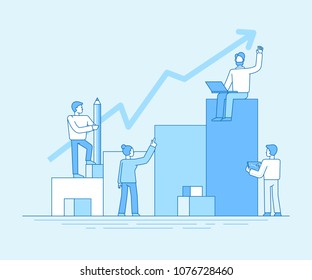 Vector illustration in flat linear style and blue color  - business analytics and marketing concept - team working on business report and analytics - business growth