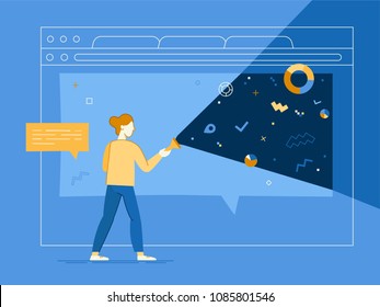 Vektorgrafik im flachen linearen Stil - Webbanner, Infografiken, Heldenbild - kreatives Konzept für die Web- und App-Entwicklung mit weiblichem Charakter 