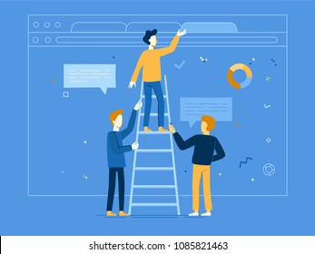 Vector illustration in flat linear style - web banner, infographics, hero image - web and app development creative concept with male characters - teamwork and cooperation