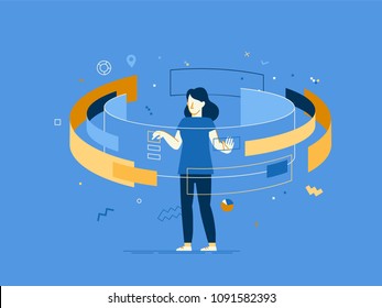 Vector illustration in flat linear style - web banner, infographics, hero image - web and app  development creative concept with female character 