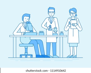 Vector illustration in flat linear style and blue color  - medical explorations and science studies - team working in the laboratory on tests and analyses