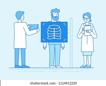 Vector illustration in flat linear style and blue color  - x-ray scan concept - medical team examining patient