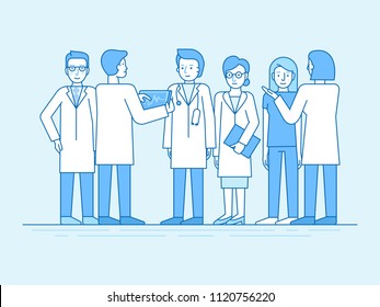 Vector illustration in flat linear style and blue color  - medical team - group of doctors and nurses standing together and discussing healthcare and treatment - hospital staff