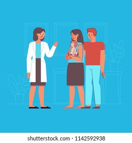 Vector illustration in flat linear style - medical team - parents with kid and paediatrician - medical concept