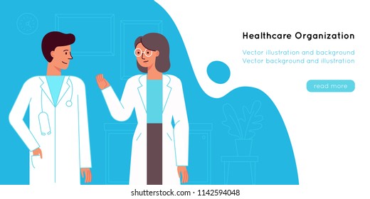 Vector illustration in flat linear style - medical team - group of doctors and nurses standing together - hospital staff