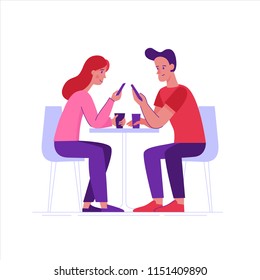 Vector illustration in flat linear style -  friends drinking coffee and chatting using mobile phones - cartoon characters  sitting at table in the cafe