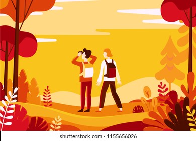 Vector illustration in flat linear style - autumn background - landscape illustration with couple exploring autumn forest - greeting card design template 
