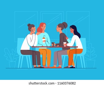 Vector illustration in flat linear style - female friends drinking coffee and chatting - cartoon characters  sitting at table in the cafe