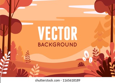 Ilustración vectorial en estilo lineal plano - fondo otoñal - ilustración paisajística con plantas, árboles y espacio de copia para texto - para banners de otoño 