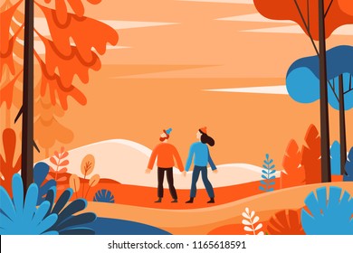 Vector illustration in flat linear style    autumn background    landscape illustration and two characters exploring autumn forest    greeting card design template 