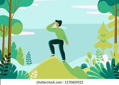 Vector illustration in flat linear style -  man exploring green forest landscape - outdoor activity concept