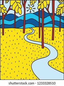 Vector illustration in flat linear style - autumn background - landscape illustration with yellow autumn forest - greeting card design template