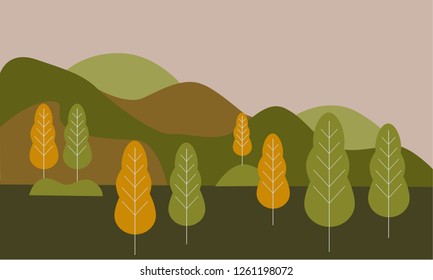 Vector illustration in flat linear style - autumn landscape illustration with plants, trees.  leaves and forest landscape - background for banner, greeting card, poster and advertising
