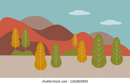 Vector illustration in flat linear style - autumn landscape illustration with plants, trees.  leaves and forest landscape - background for banner, greeting card, poster and advertising
