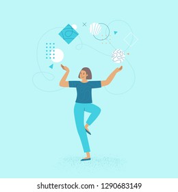 Vector illustration in flat linear style - female business characters - girl power concept and woman empowerment - woman workng on business development - abstract  life work balance 