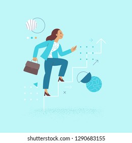 Vector illustration in flat linear style - female business character - girl power concept and woman empowerment - woman climbing up the career stairs