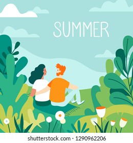 Vector illustration in flat linear style - summer illustration - landscape with happy man and woman sitting together and hand-lettering  word summer