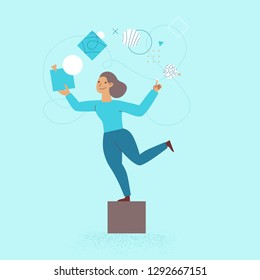 Vector illustration in flat linear style - female business characters - girl power concept and woman empowerment - woman workng on business development - abstract  life work balance 