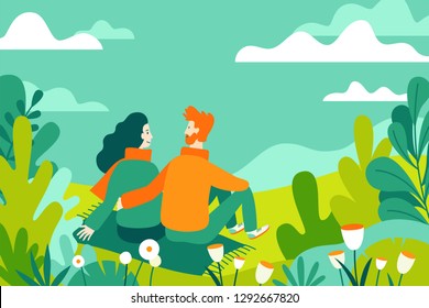 Vector illustration in flat linear style - spring illustration - landscape illustration with couple in love - exploring nature and trekking together - greeting card design template 