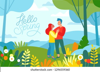 Vector illustration in flat linear style - spring illustration - landscape illustration with two characters exploring forest and trekking together - greeting card design template 