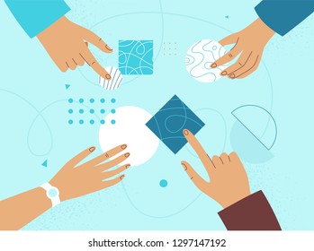 Ilustración vectorial en estilo lineal plano - concepto de empresa femenina - poder de la niña - manos femeninas con figuras y formas abstractas - plan de desarrollo y negocio, colaboración y asociación