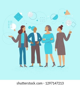 Vector illustration in flat linear style - female business characters - girl power concept and women empowerin