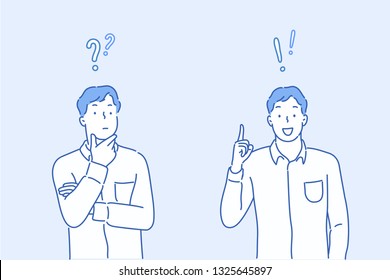 Vector illustration in flat linear style and blue colors - problem solving concept - man thinking - with question mark and light bulb icons-creative idea. Hand drawn style vector design illustrations.