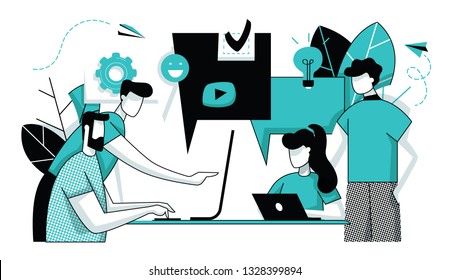 Vector illustration, flat linear style, businessmen discuss social networks, social network news, chat, speech dialogs bubbles, new projects - Vector