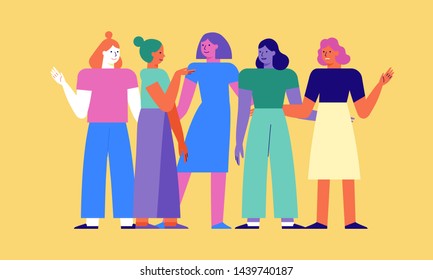 Vector illustration in flat linear style - women teamwork characters - girl power concept and women empowerment - happy female friends