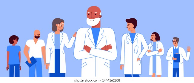 Vector illustration in flat linear style with characters  - medical team - group of doctors and nurses standing together - hospital staff and health insurance concept for web banners and hero images