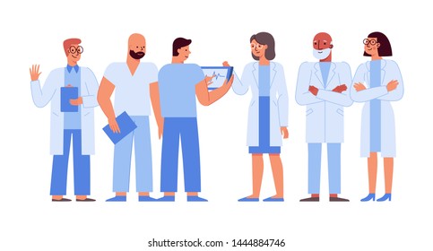 Vector illustration in flat linear style with characters  - medical team - group of doctors and nurses standing together - hospital staff and health insurance concept for web banners and hero images