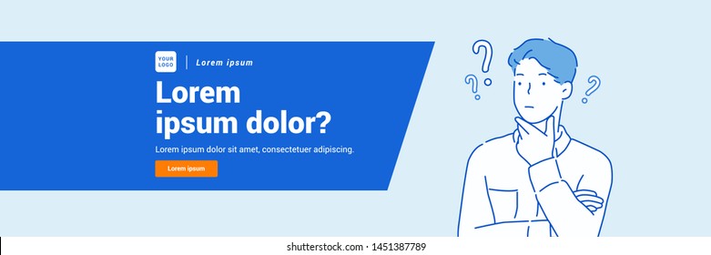 Vector illustration in flat linear style and blue colors - problem solving concept - man thinking - with question mark. Hand drawn style vector design illustrations.