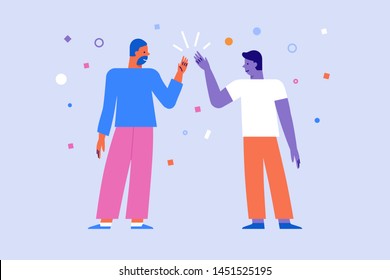 Vector illustration in flat linear style - high five gesture - two friends give five to each other - great work concept