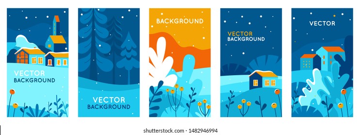 Vector illustration in flat linear style - winter landscapes - vertical banners and wallpaper for social media stories, design templates with copy space for text - merry Christmas greeting cards