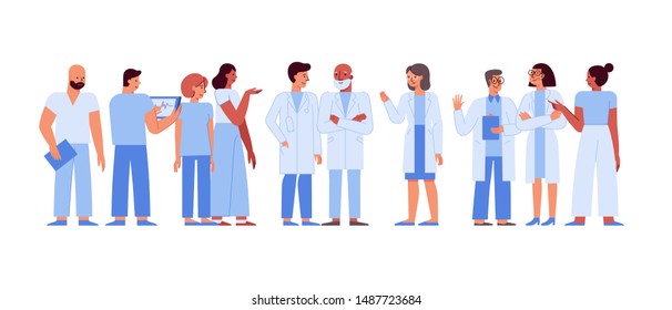 Vector illustration in flat linear style with characters  - medical team - group of doctors and nurses standing together - hospital staff and health insurance concept for web banners and hero images