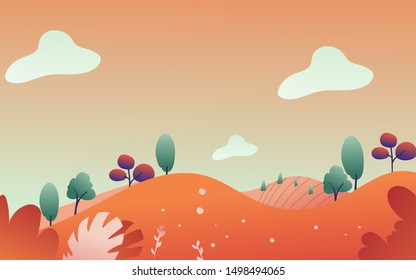 Ilustración vectorial en estilo lineal plano - fondo otoñal - ilustración paisajística con plantas, árboles y espacio de copia para texto - para banners de otoño